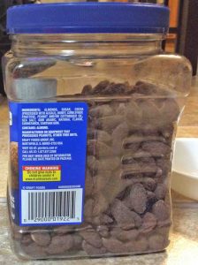 Picture of the ingredients list on a 37 ounce jar of Planters Dark Chocolate Cocoa Almonds.